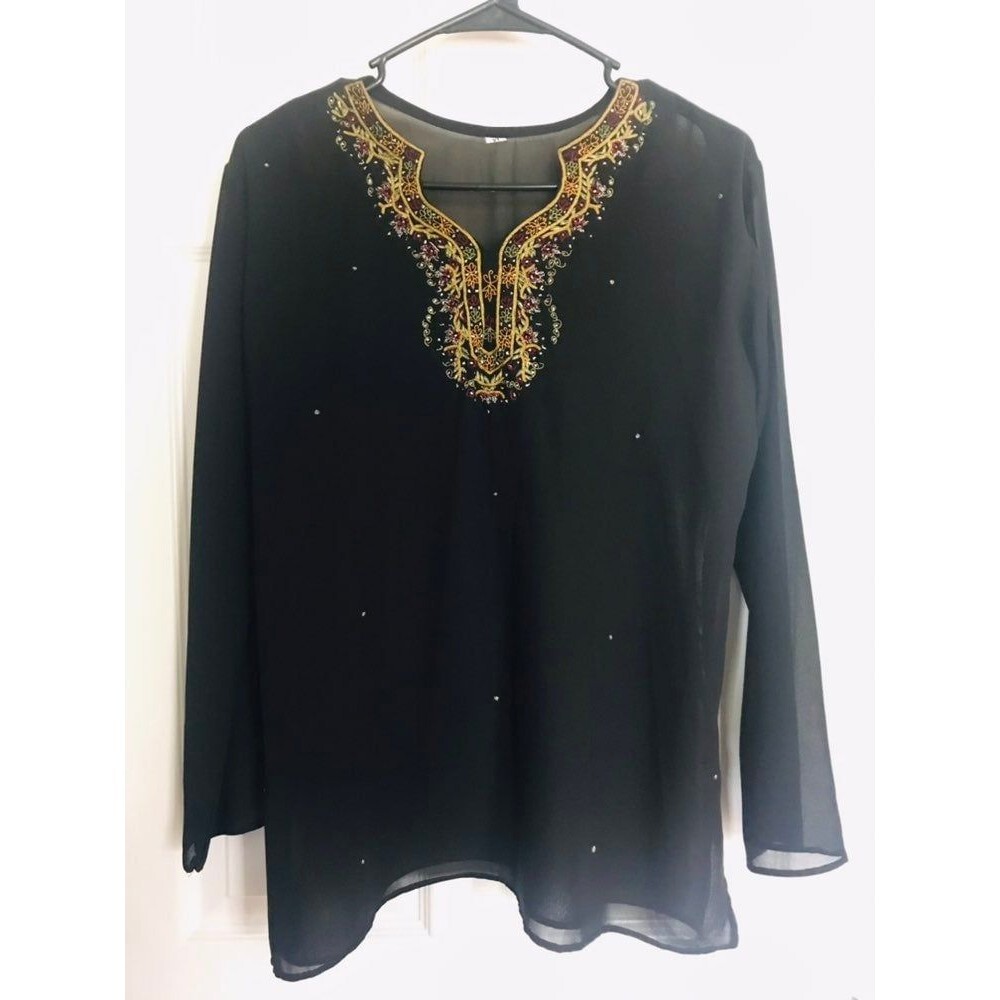 Women's Embroidered Kurti Tunic Long Sleeve Lightweight Black Hippie Festive Top